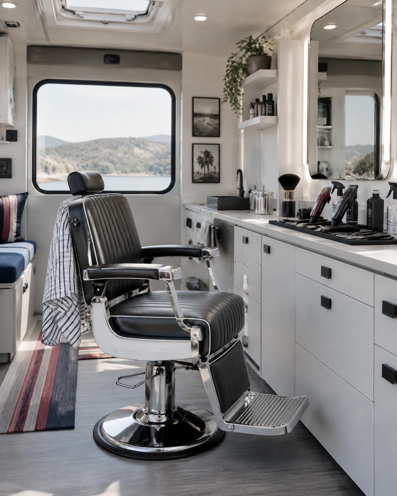 Inside a mobile barbershop: a barber chair, mirror and tools ready for the next client