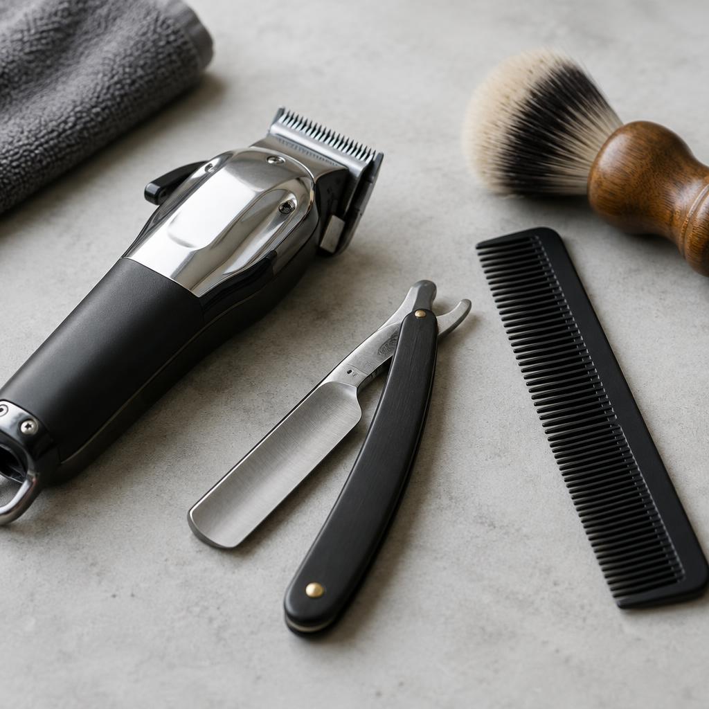 Clippers, straight razor, comb and brush